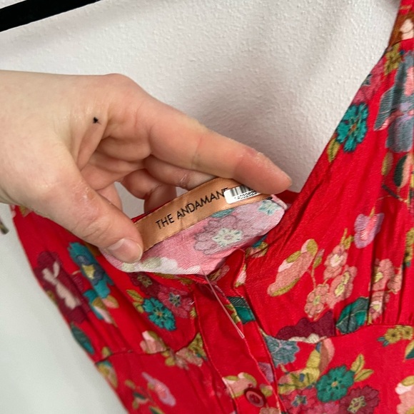 The Andamane Donna Floral Printed Button Down Tie Strap Mini Dress Red, S - Picture 3 of 7